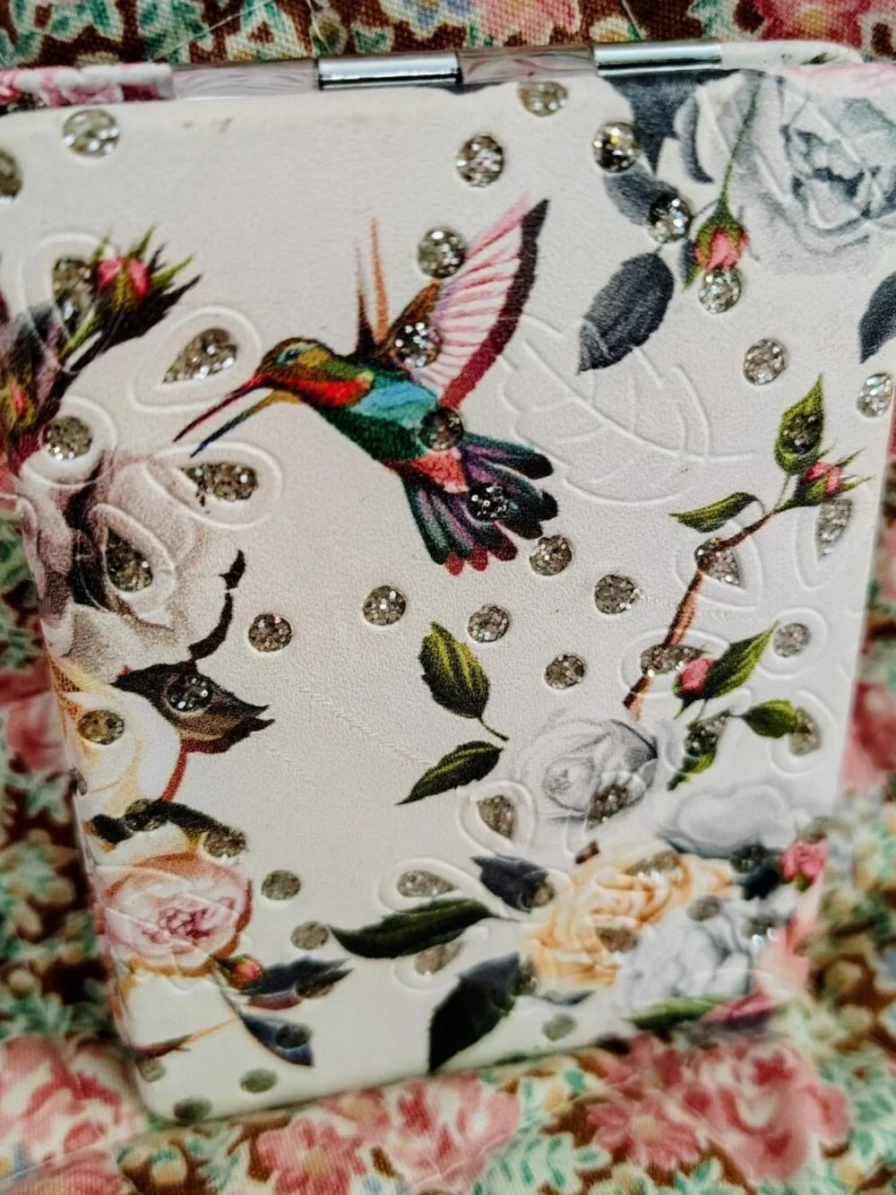 New Metal Case Hinged Pocket Mirror, Floral, Hummingbirds
